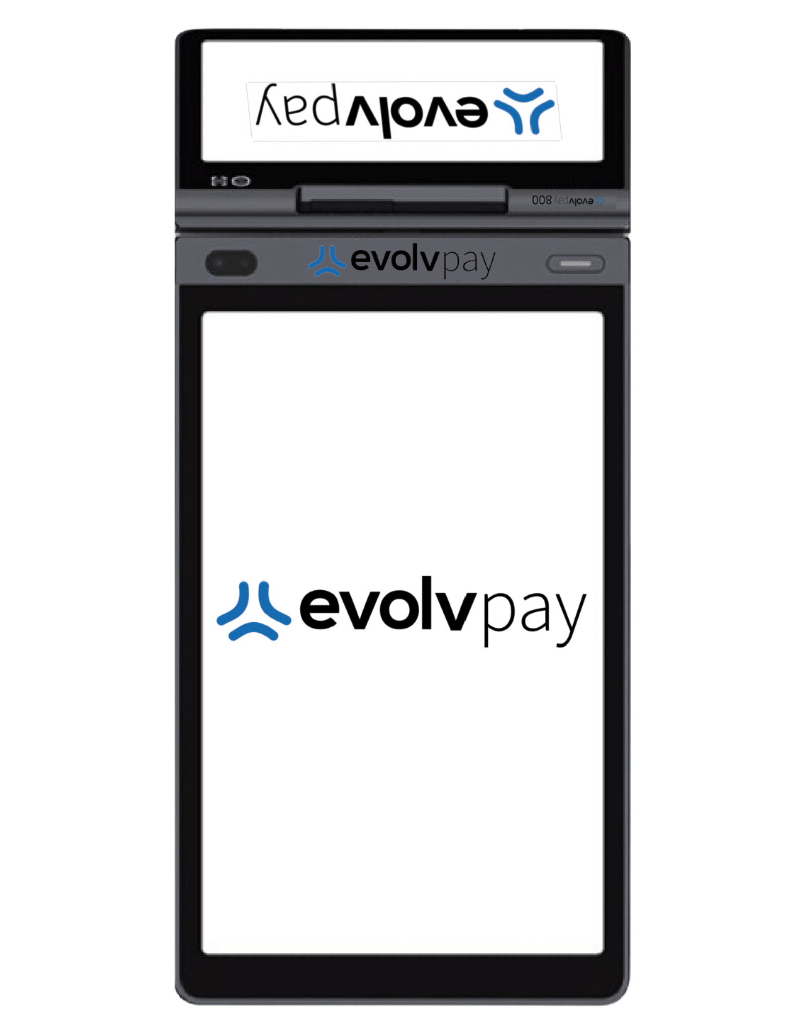 Black payment terminal with touchscreen displaying the EvolvPay logo and a branded receipt printer at top