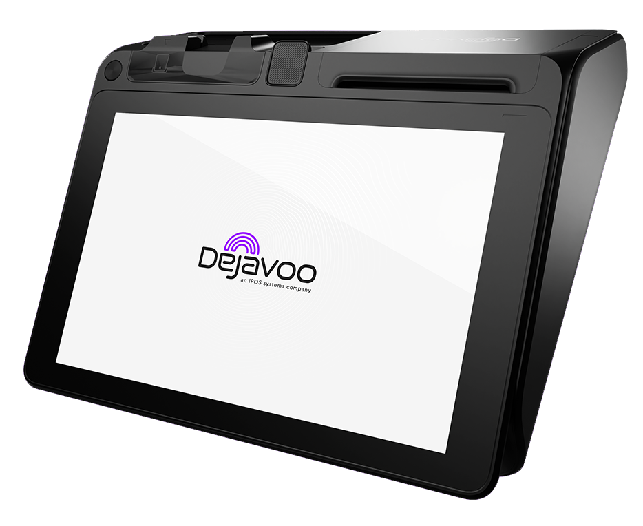 Black Dejavoo touchscreen payment terminal angled on white background