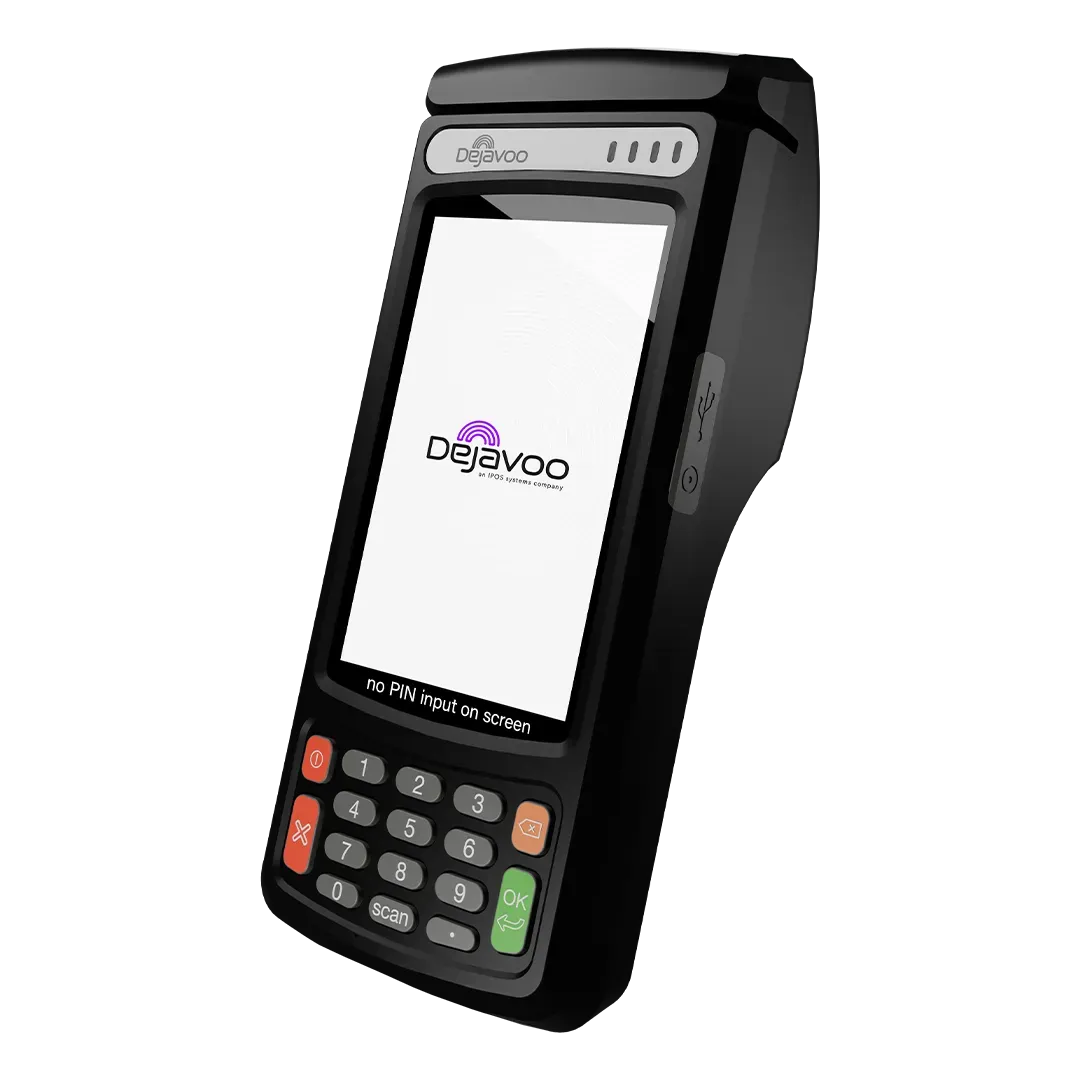 Black handheld mobile device with keypad and screen displaying Deyavoo logo