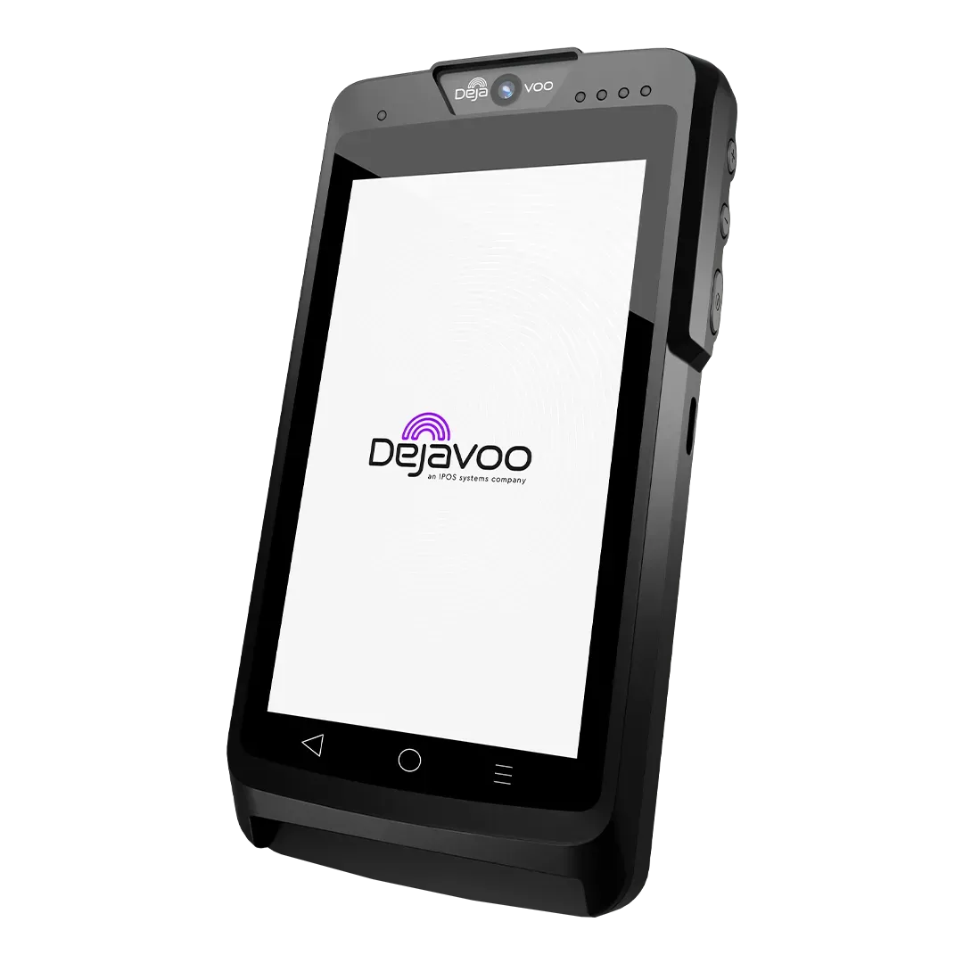 Black Dejavoo touchscreen device angled on a white background.