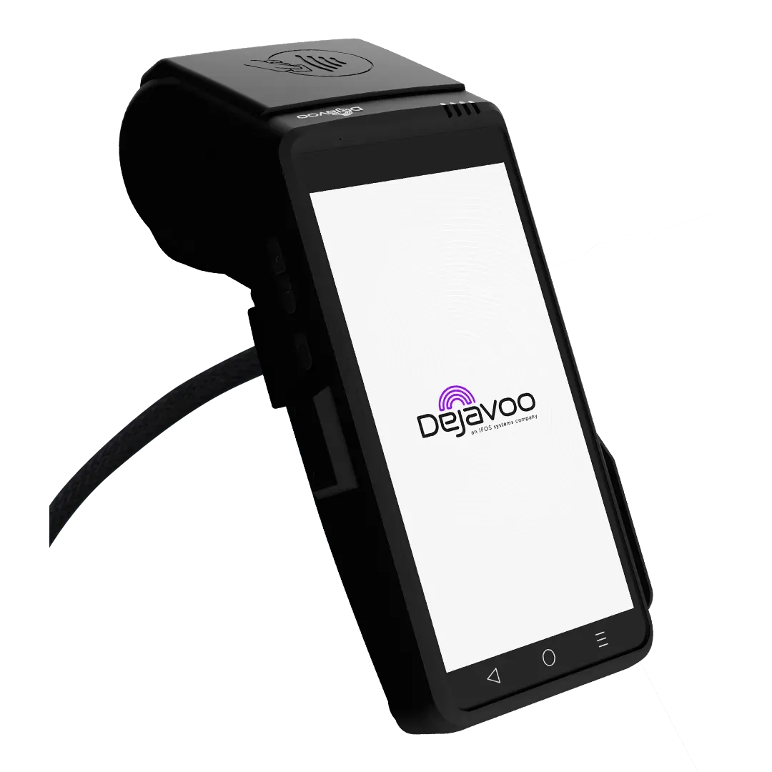 Black Dejavoo payment terminal with touchscreen and connected cable on a white background
