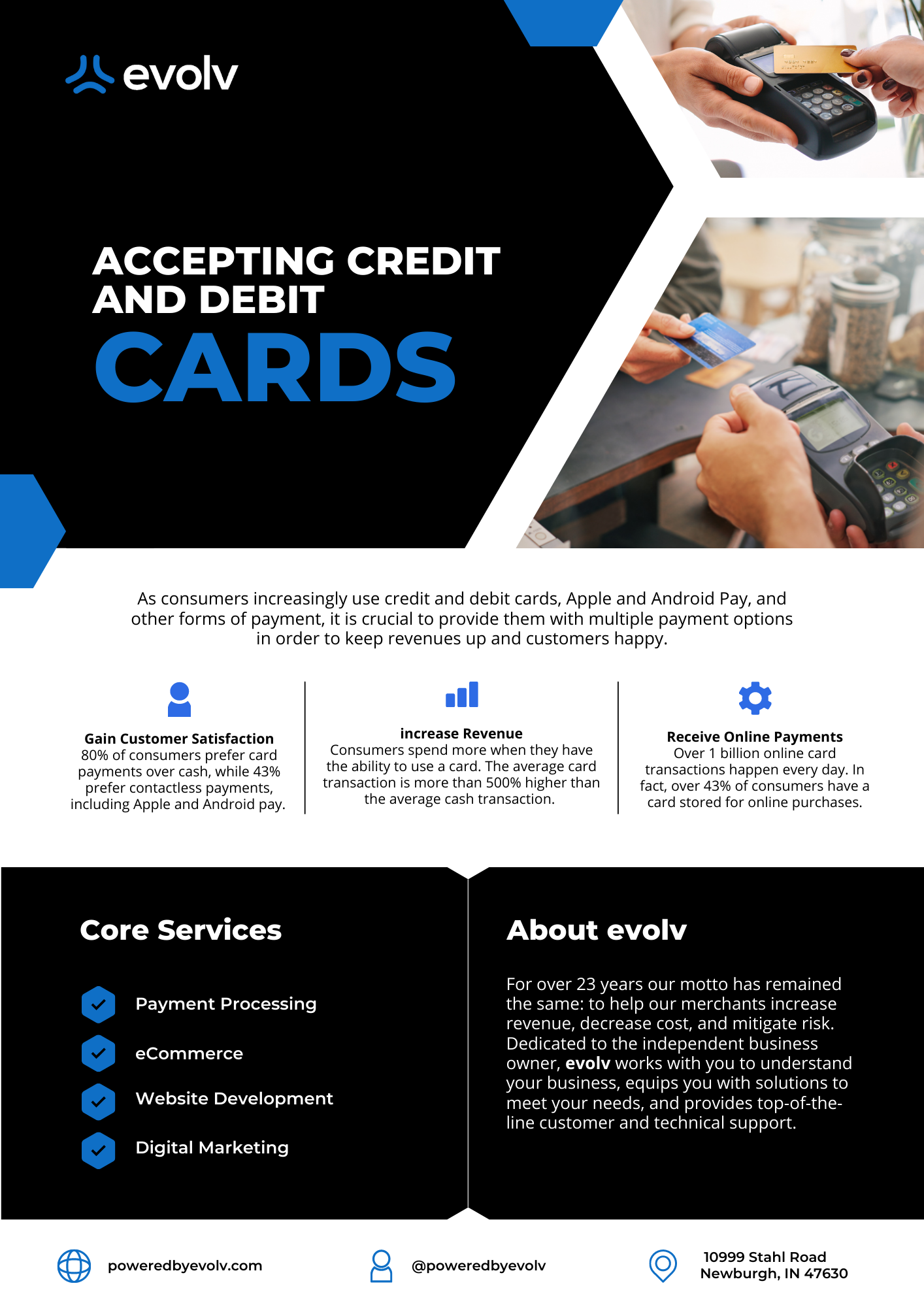 Evolv flyer: accepting credit and debit cards with photos of card payments and core services.