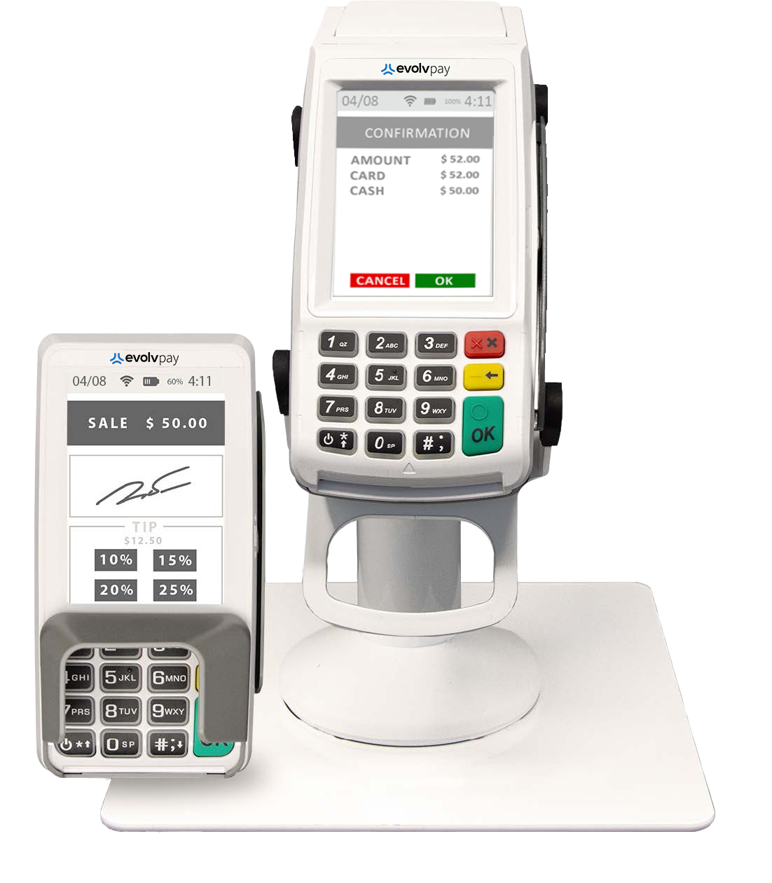 Two medical blood glucose meters on a white display stand, one handheld and one larger tabletop model