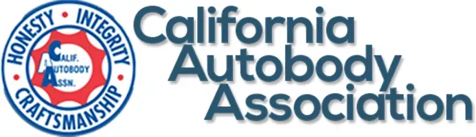 California Autobody Association logo with blue text and circular red-and-blue seal icon