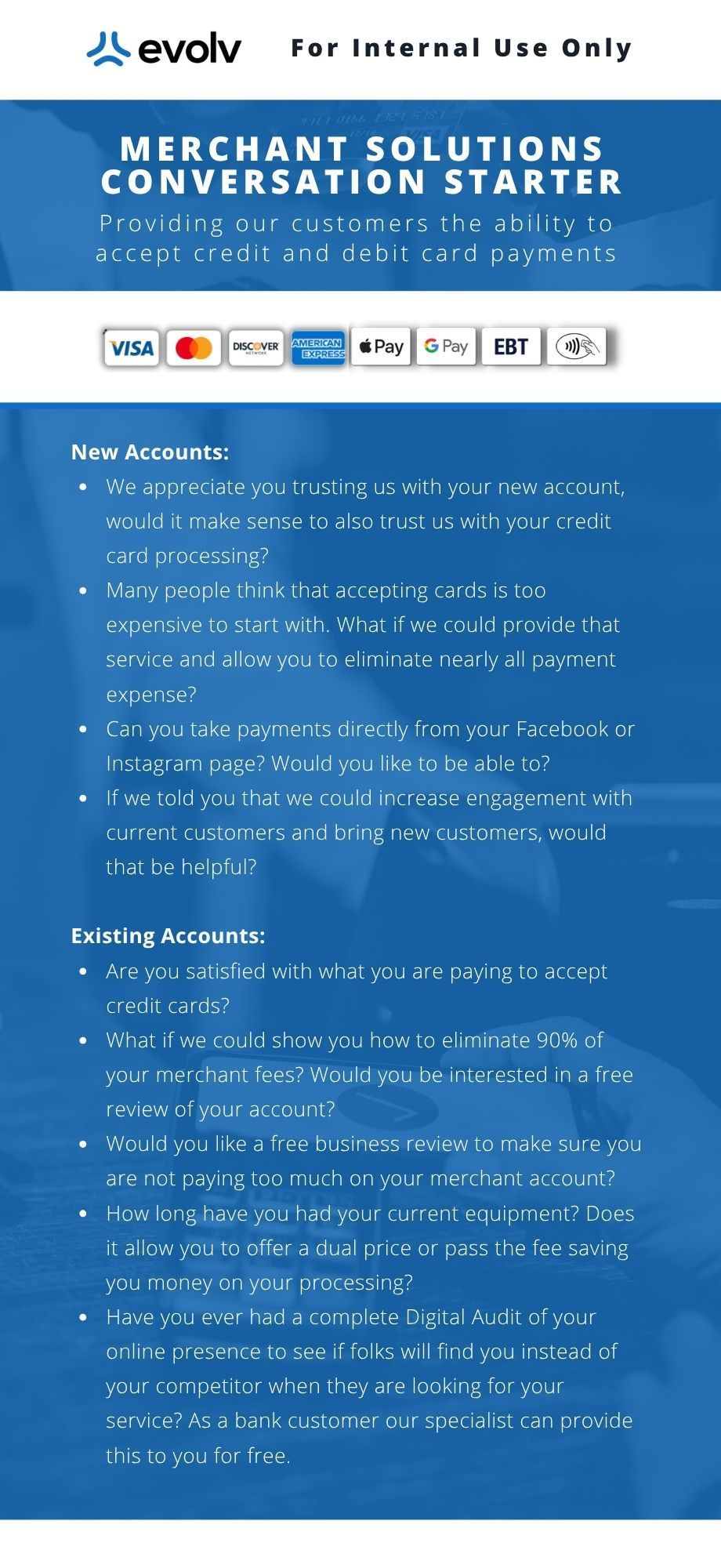 Blue Evolv “Conversation Starter” flyer with white text, social media icons, and a “buy/met up” section.
