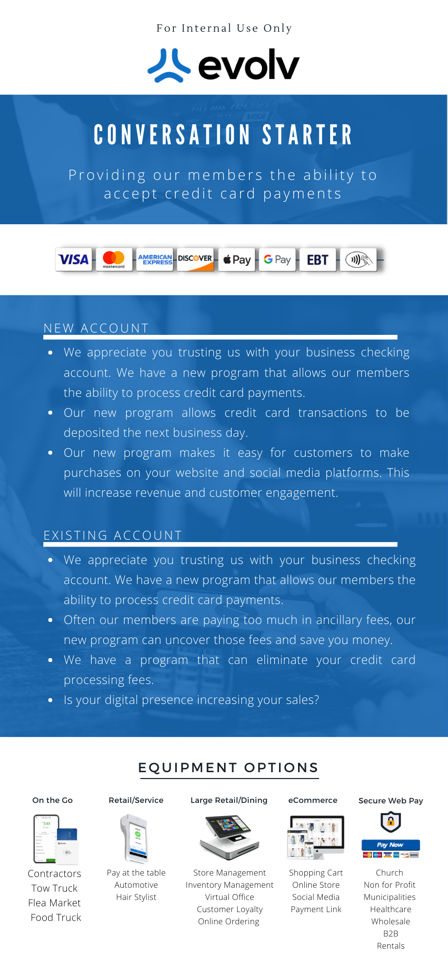 Blue Evolv “Conversation Starter” flyer with white text, social media icons, and a “buy/met up” section.