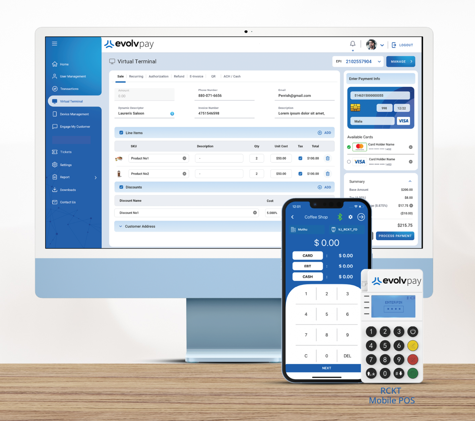 Blue accounting dashboard on desktop monitor with phone and calculator in front on a wooden desk