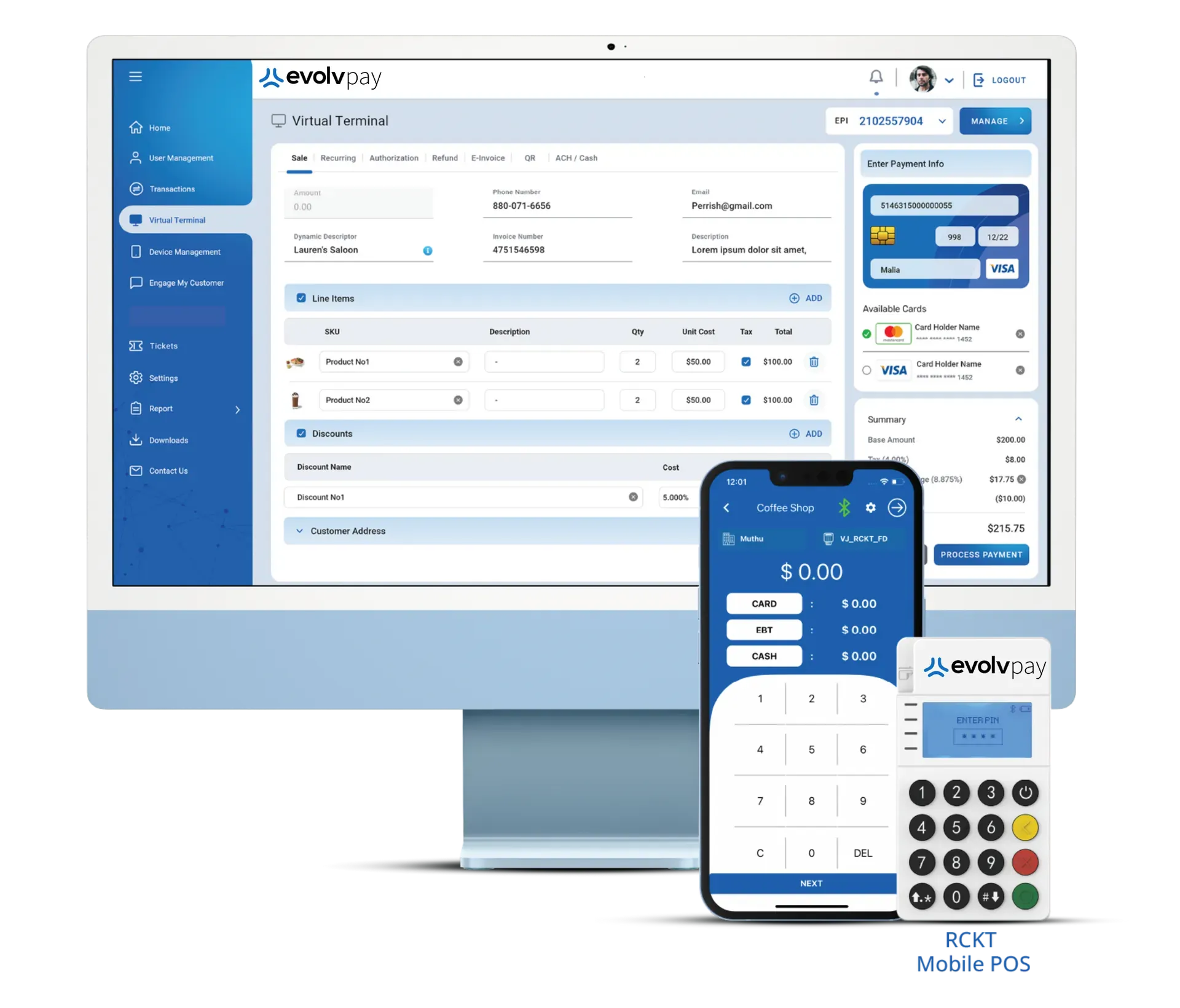 POS system dashboard on desktop with mobile app and payment terminal in front