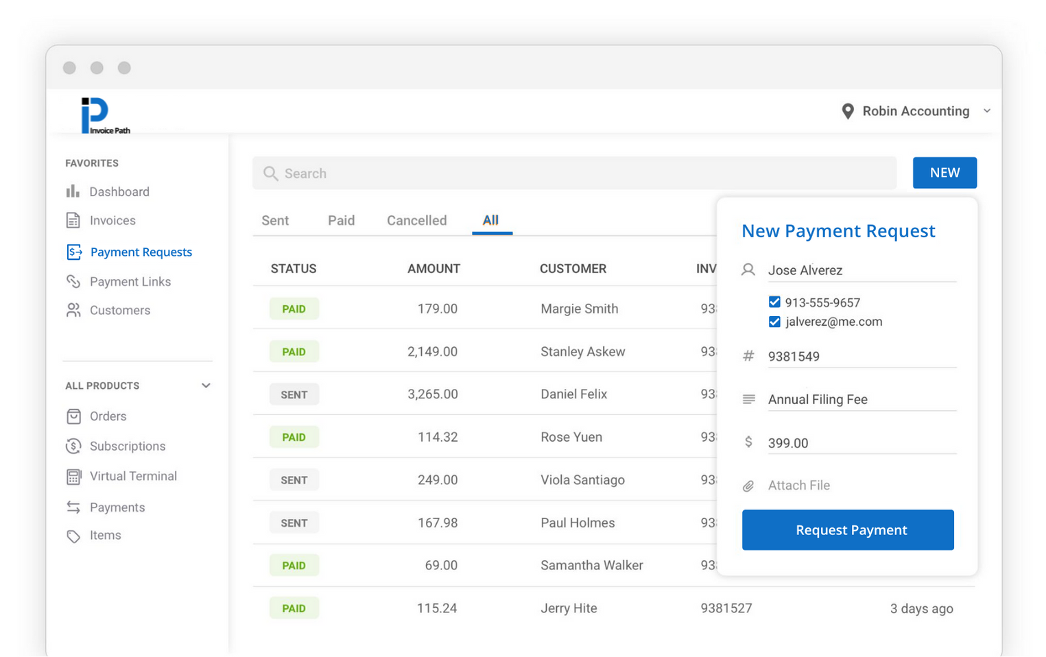 Web app dashboard with a table of payment requests and an open “New Payment Request” panel