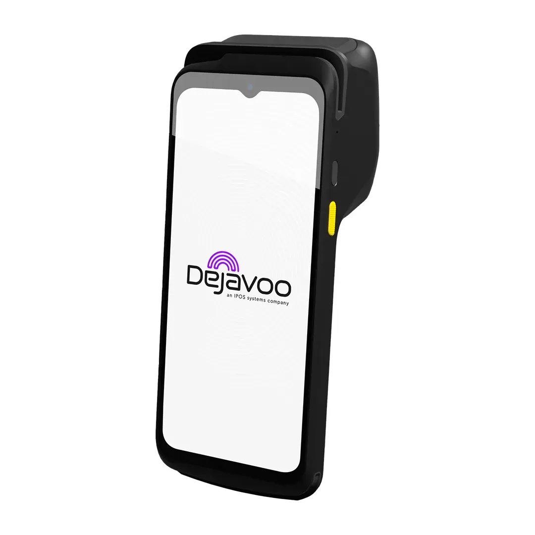 Black smartphone mockup with a white screen displaying the Dejavo logo