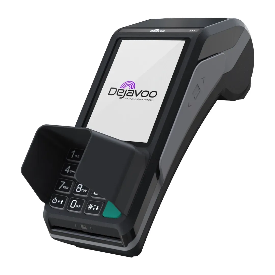 Black Dejavoo payment terminal with keypad and screen, angled view on white background