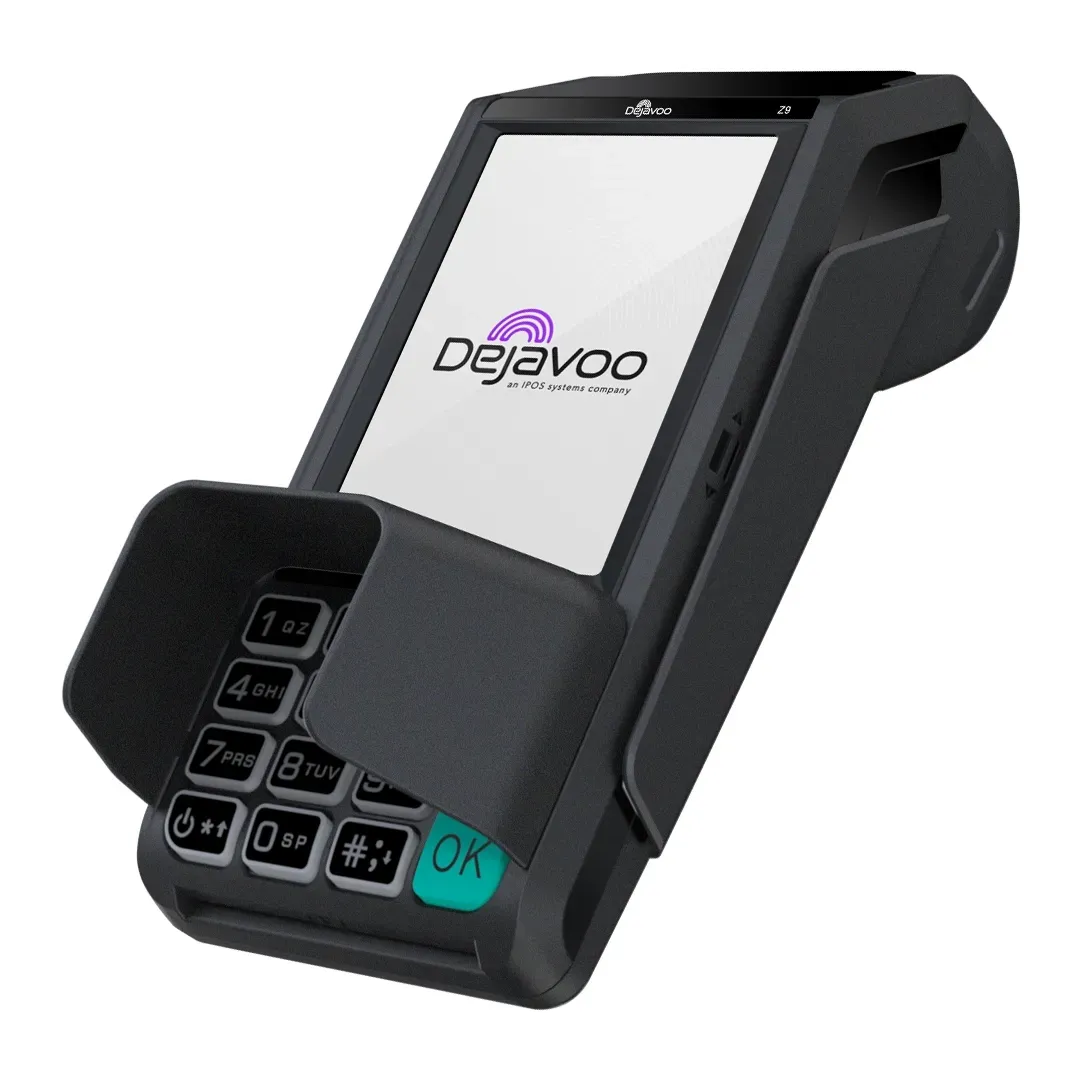 Black handheld payment terminal with keypad and screen displaying logo, angled on white background