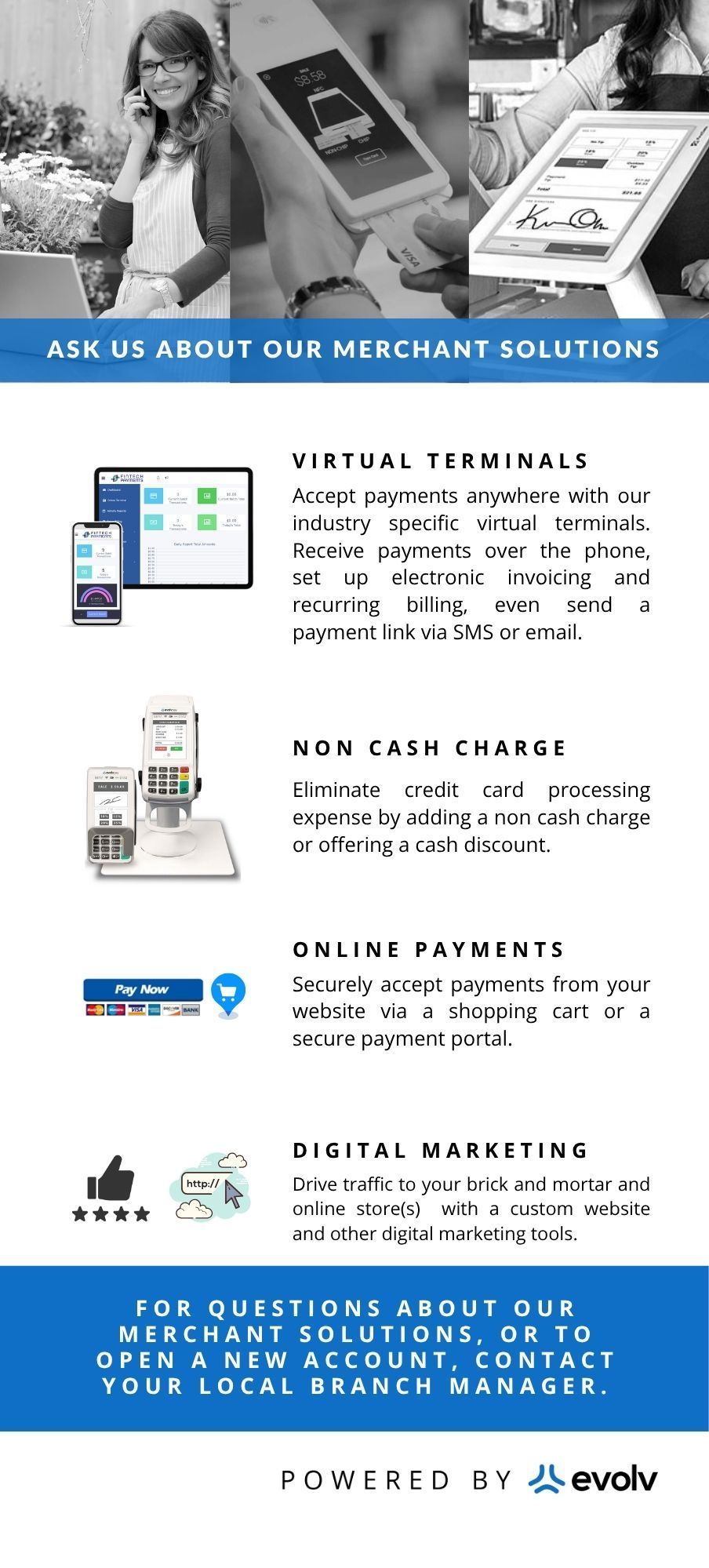 Merchant solutions flyer with payment devices, terminals, and software services on a blue-and-white layout