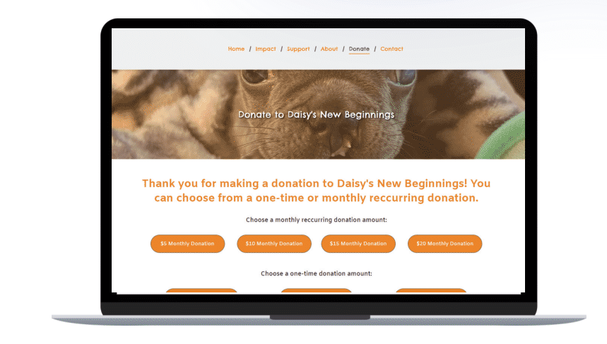 Laptop displaying a donation webpage with a puppy banner and orange call-to-action buttons