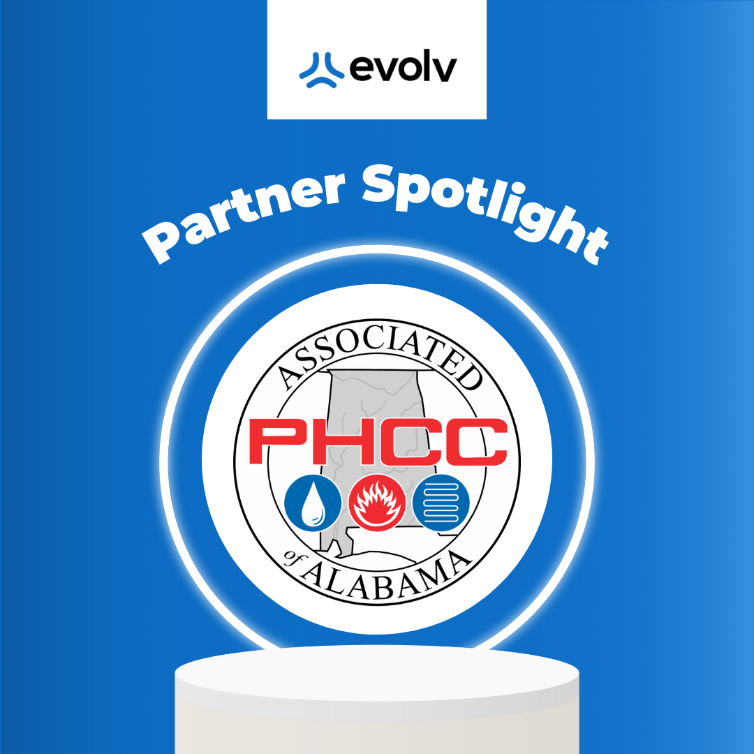 Evolv Partner Spotlight graphic featuring the PHCC of Alabama logo on a blue background.