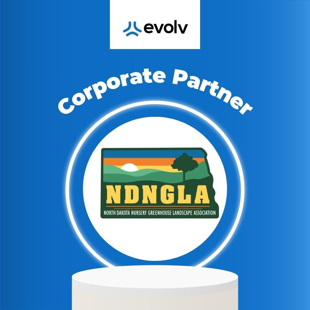 Evolv corporate partner badge with NDNGLA logo on a blue background