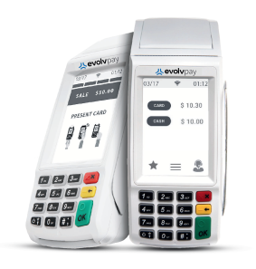 Two white EvoLPay handheld card readers, front and side views, with keypad and screen showing payment amounts.