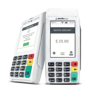 Two white mobile card readers with keypads and screens displaying payment amount