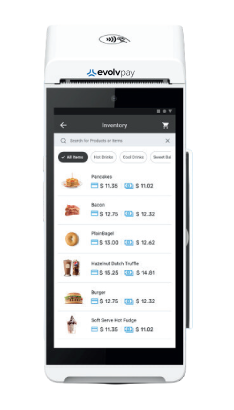 Smartphone showing a shopping app inventory list with product icons and prices on a white screen