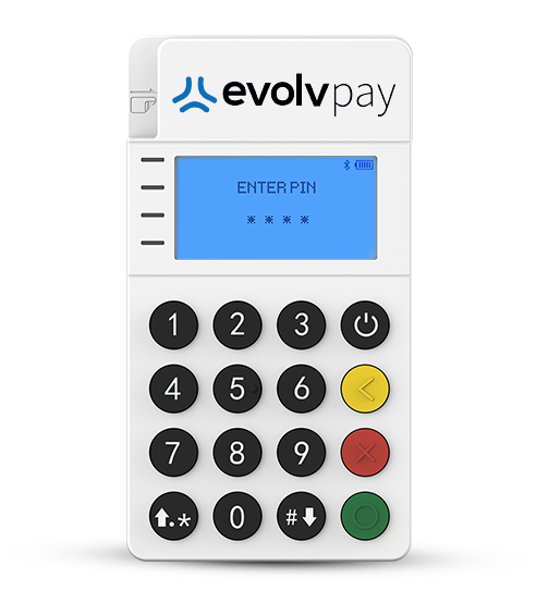 EvolvPay payment terminal with blue screen, keypad, and colored function buttons