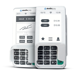 Two EvolvPay payment terminals with keypads, card screens, and receipt printers.