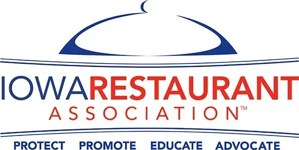 Iowa Restaurant Association logo with blue and red text and a stylized serving cloche