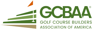 GCBAA logo with green golf course stripes and orange flag, Golf Course Builders Association of America text