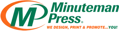 Minuteman Press logo with green and orange “MP” and the slogan “We design, print & promote...you!”