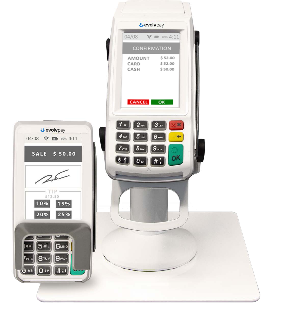 Two handheld card payment terminals, one on a stand, in white and gray with keypads and screens