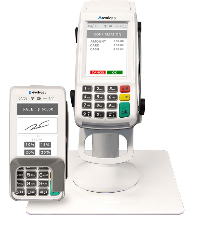 Smartphone and credit card payment terminal on a white display stand, showing contactless payment screens.