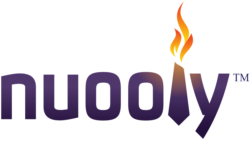 Nuoody logo in purple lowercase letters with an orange flame above the “d” and a small TM mark