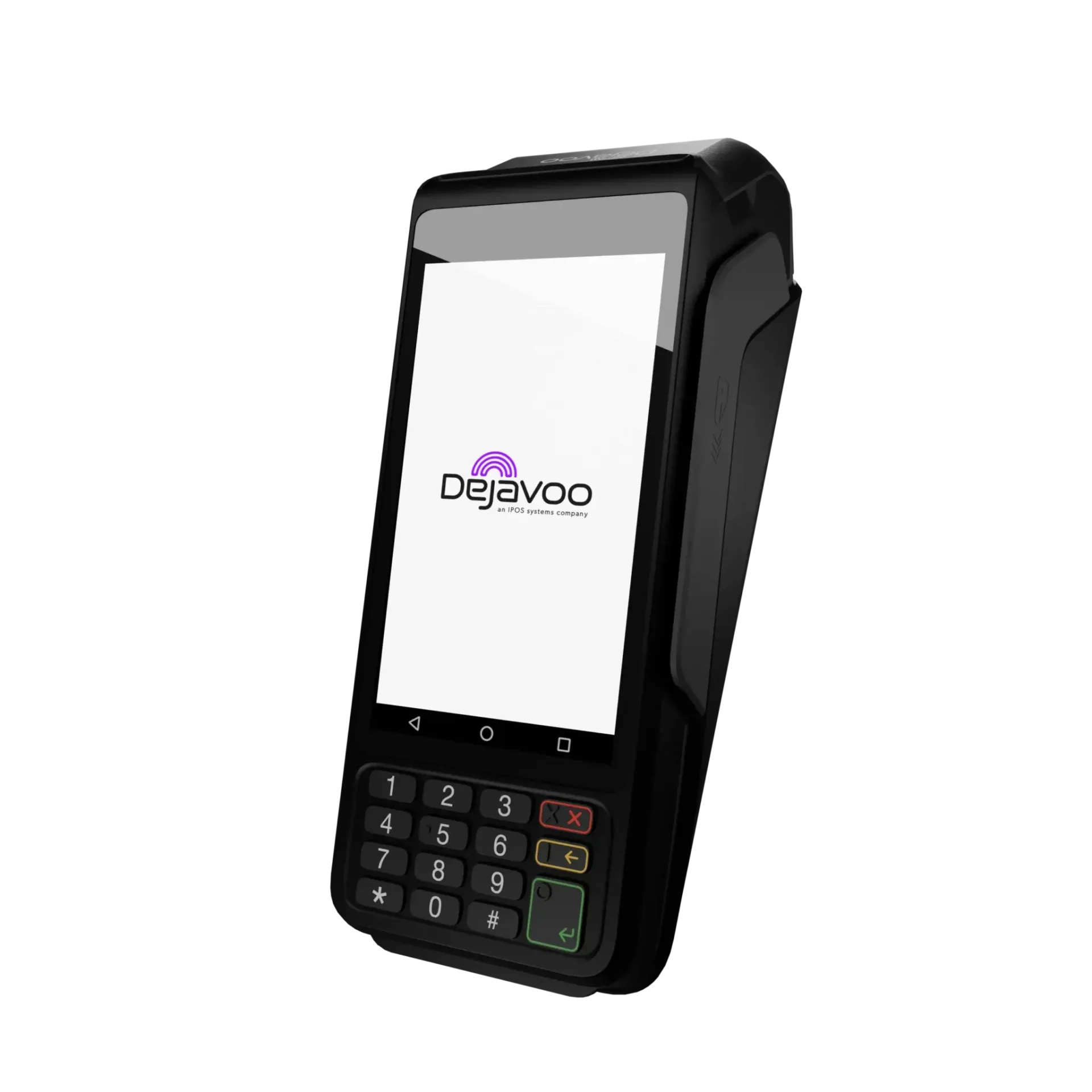 Black handheld payment terminal with keypad and display on a white background
