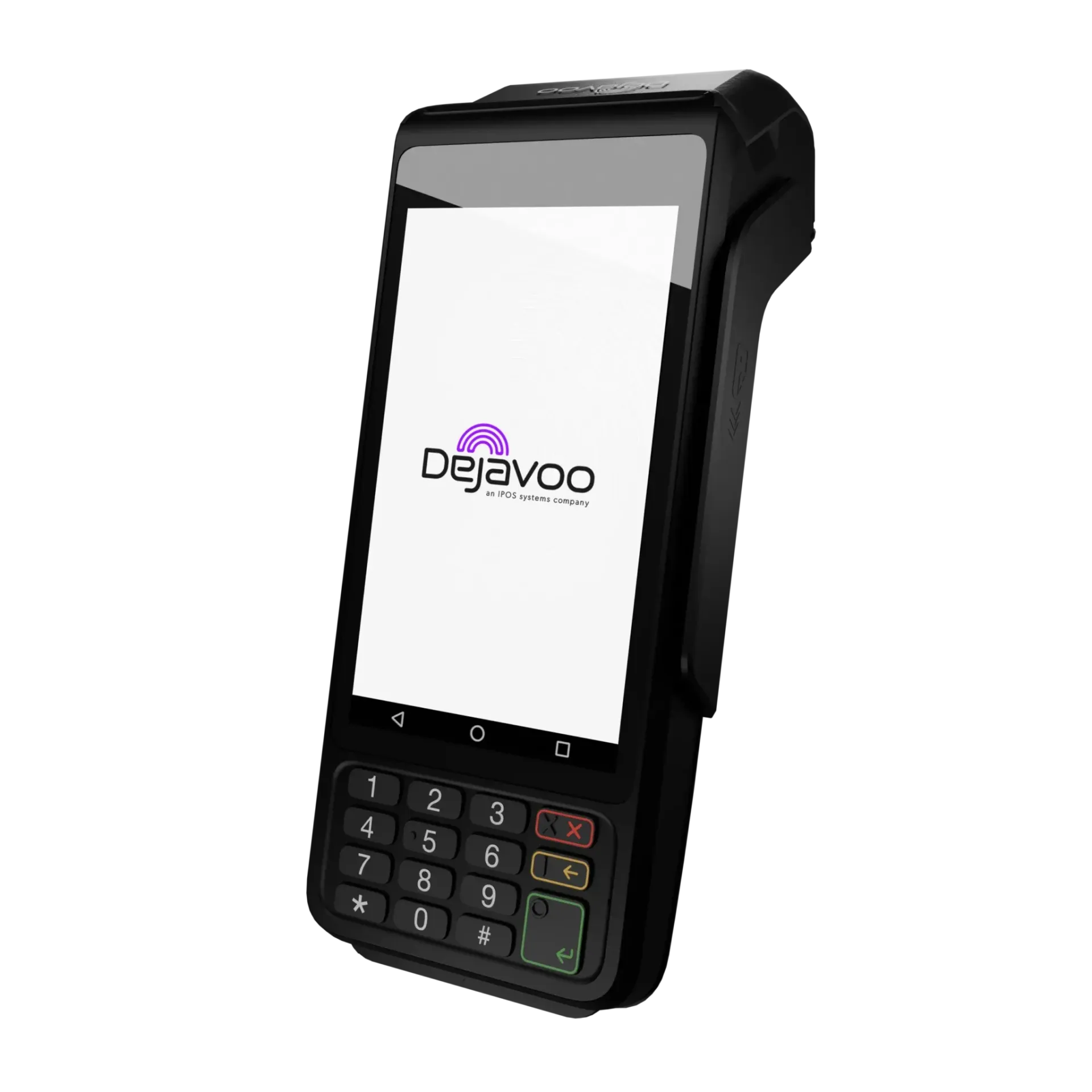 Black handheld payment terminal with keypad and touchscreen on a white background