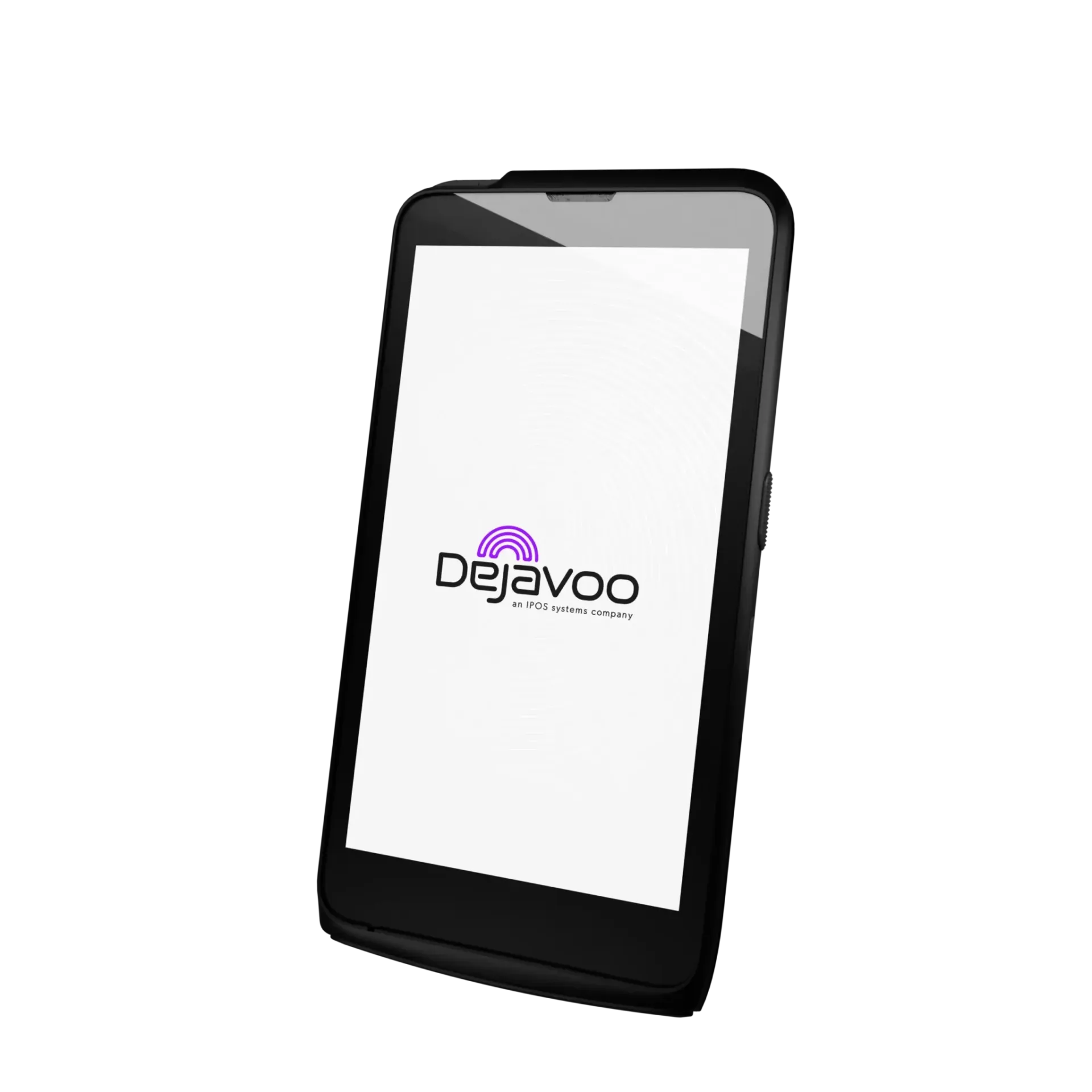 Black smartphone mockup with a white screen showing the Dejavoo logo