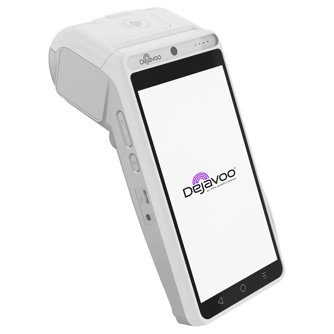 White and gray handheld payment terminal with touchscreen display showing the Dejavoo logo.