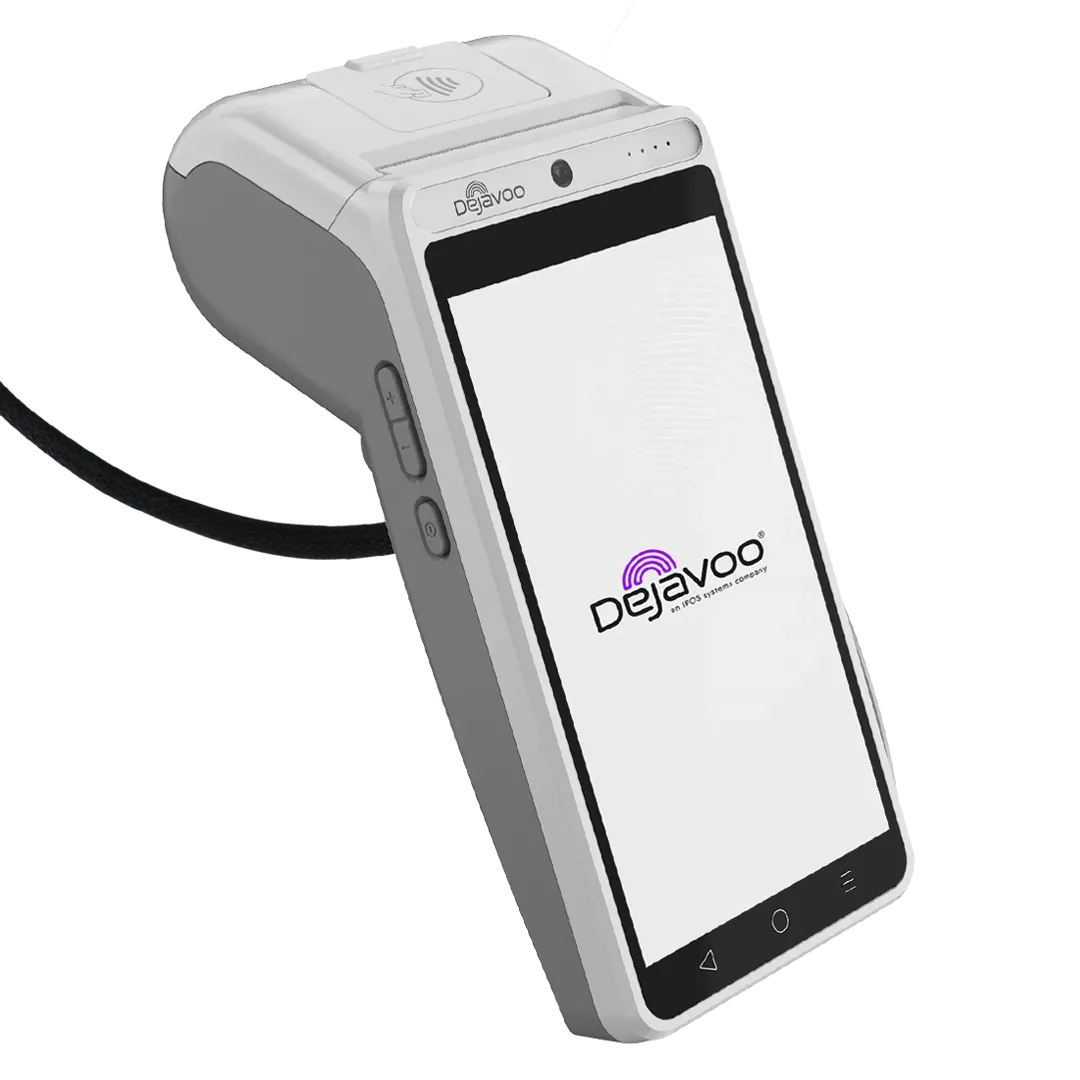 Handheld payment terminal with white screen and black cord, shown at an angle on a white background