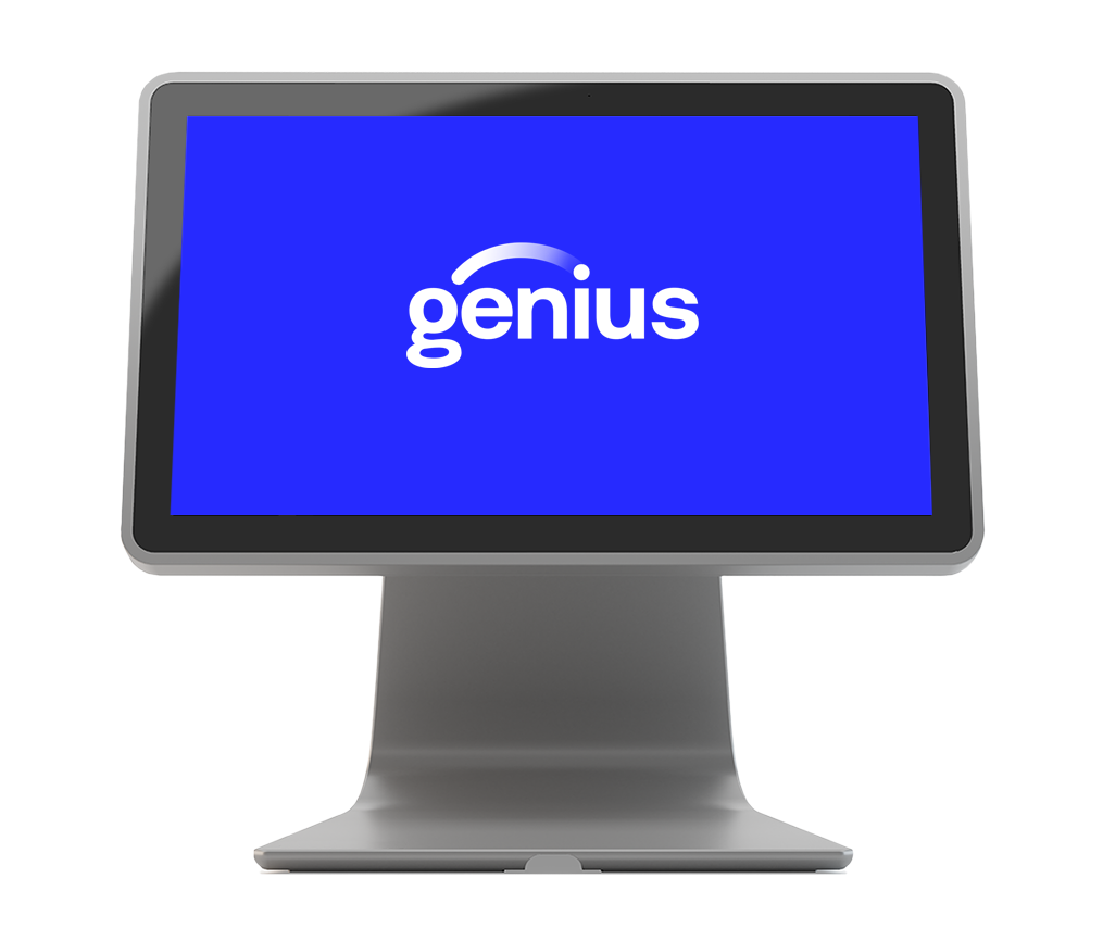 Blue monitor screen with the word “genius” on a desktop display