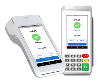 Two payment terminals showing approved screens, one white handheld and one gray keypad device.