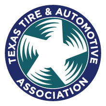 Texas Tire & Automotive Association logo: white tire on blue circle with green streaks and ring text.