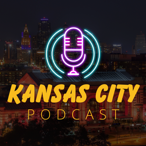 Kansas City podcast logo with neon microphone over city skyline at night