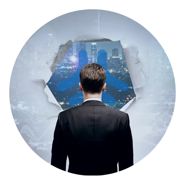 Businessman seen from behind facing a glowing blue futuristic portal in a circular frame.