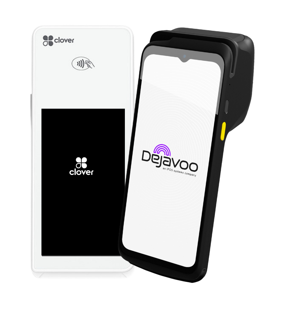 Two payment card readers, one white Clover device and one black Dejavoo device, on a white background