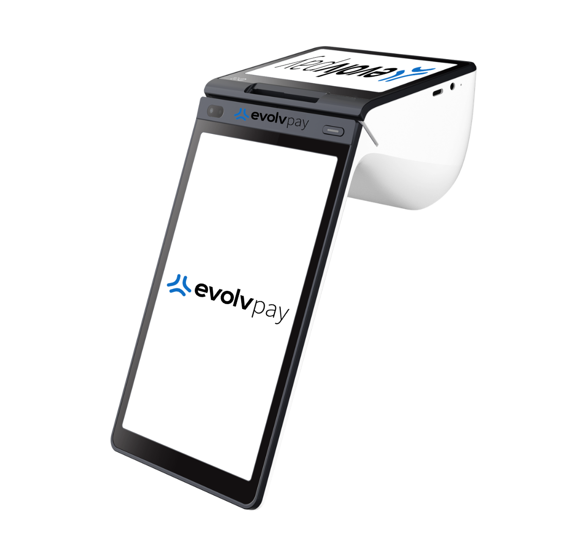 Point-of-sale payment terminal with touchscreen on white background, showing the EvoPay logo.