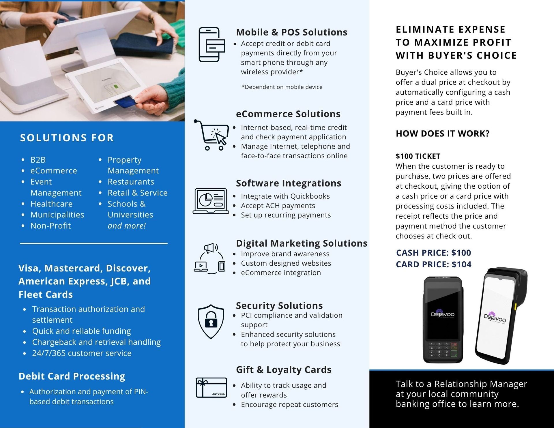 Business brochure with blue and black panels listing services, plus a smiling woman in a headset by a laptop
