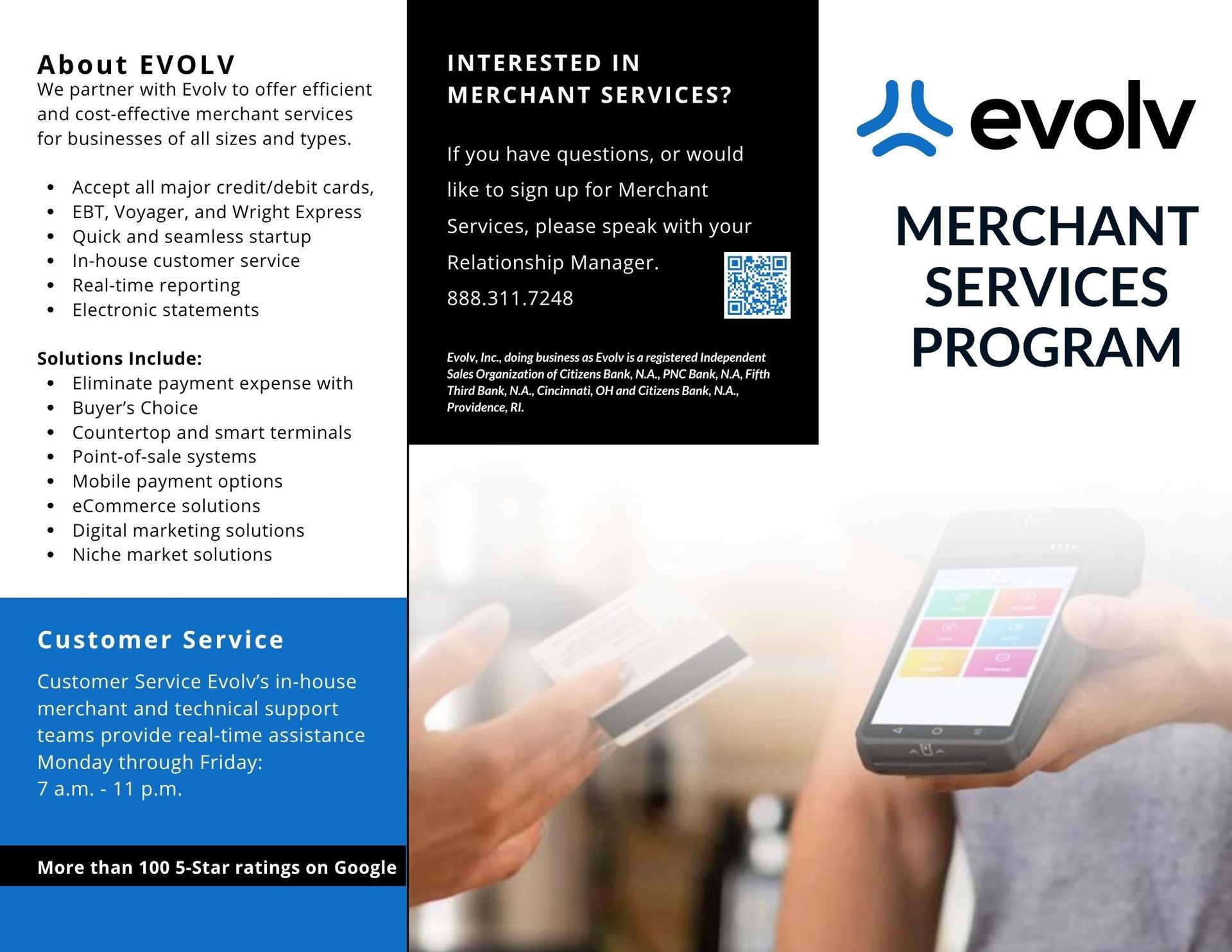 Merchant Services Program flyer with QR code, partnership info, and a credit card payment terminal.