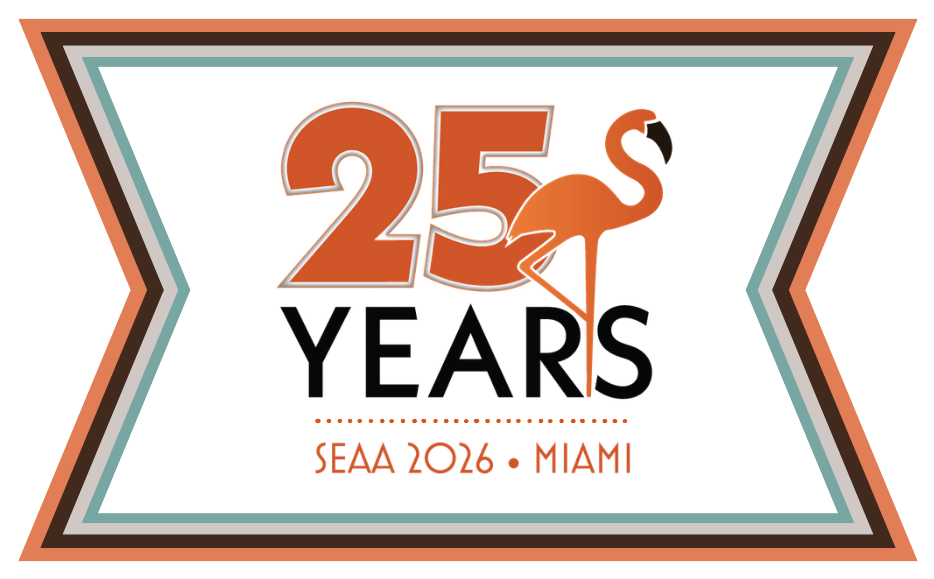 25th anniversary logo with orange “25” and flamingo, “Years,” and “SEAA 2016 - Miami” text