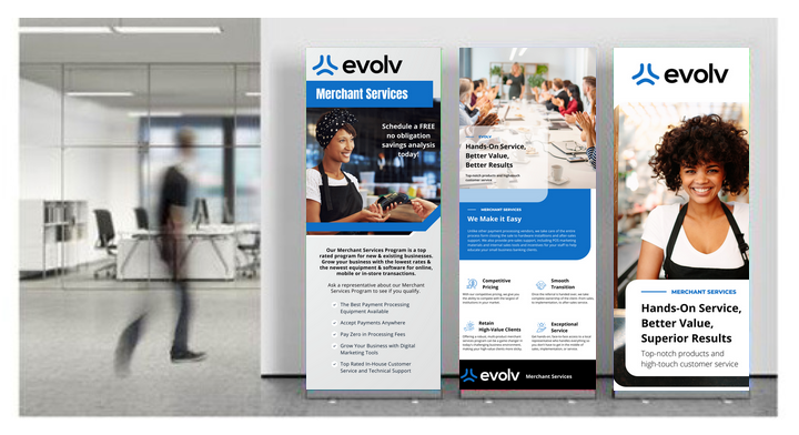 Three Evolve marketing posters in a bright office lobby, with people and blue-white branding.