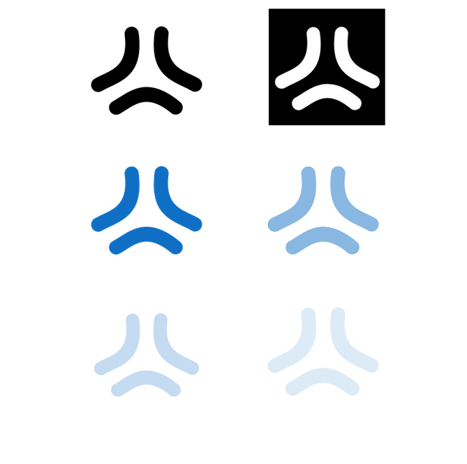 Six stylized curved icons in black, blue, and light blue on a white background, one on a black square.