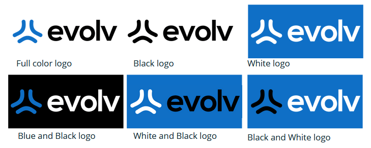 Evolv logo shown in full-color, black, white, blue-and-black, white-and-black, and black-and-white versions.