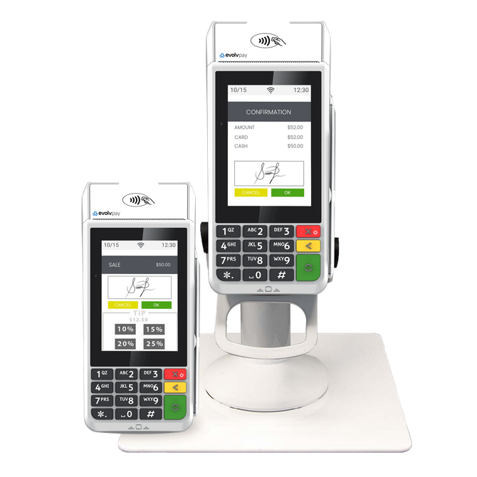 Smartphone and credit card payment terminal on a white display stand, showing contactless payment screens.